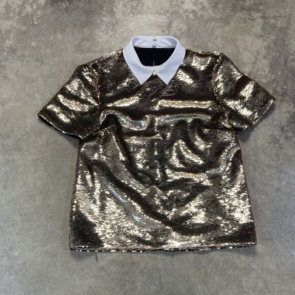 RACHEL ZOE Blouse Womens‎ 2 Gold All Over Sequins Collared Dressy Party - Picture 1 of 9